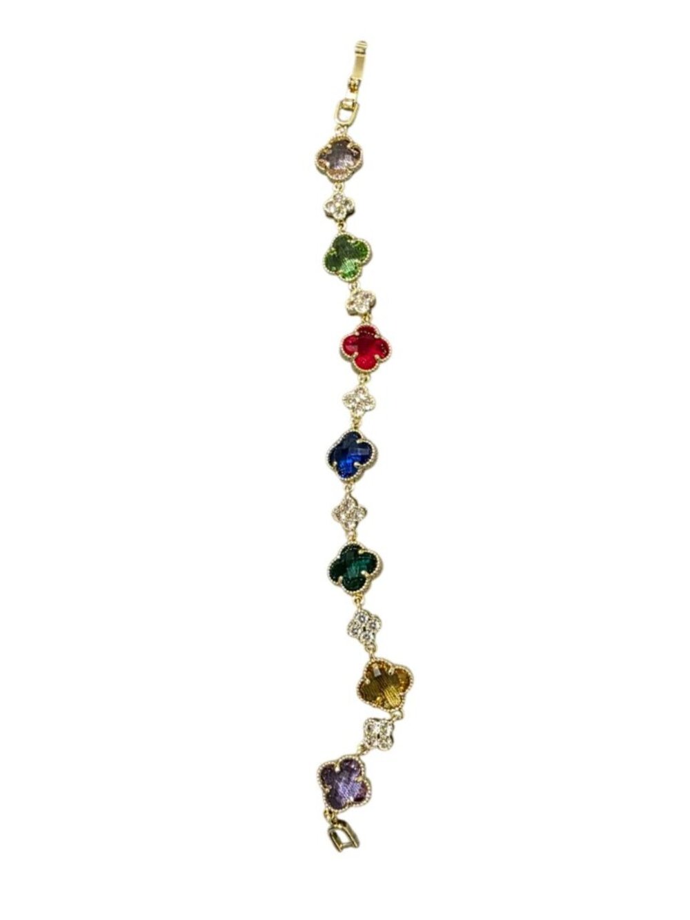 Multicolor Clover-Shaped Gold-Plated Bracelet With Sparkling Gemstones (SKU#0515